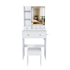 Modern White Vanity Desk with 3 LED Lighting Modes, 3 Drawers, Open Shelves, Hair Dryer Holder, and Dressing Chair - MDF Construction - Grand Goldman Shop