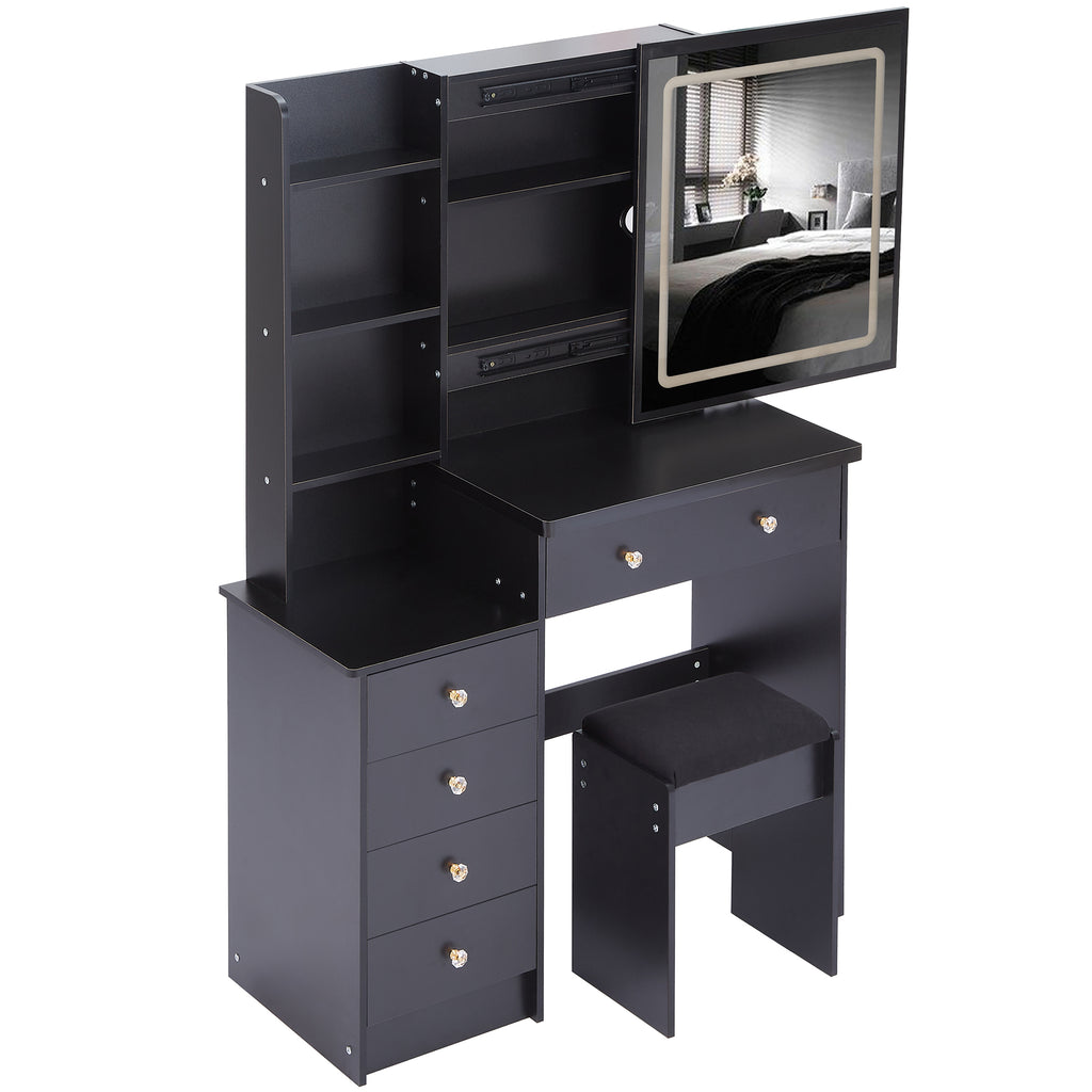 37' Middle Size Left Bedside Cabinet Vanity Table + Cushioned Stool Dresser Set, 2 AC+2 USB Socket, Hair Dryer Stand, Large Touch Control LED Sliding Mirror, 3-color Switch, EPA, GCC, UL Certificate - Grand Goldman Shop