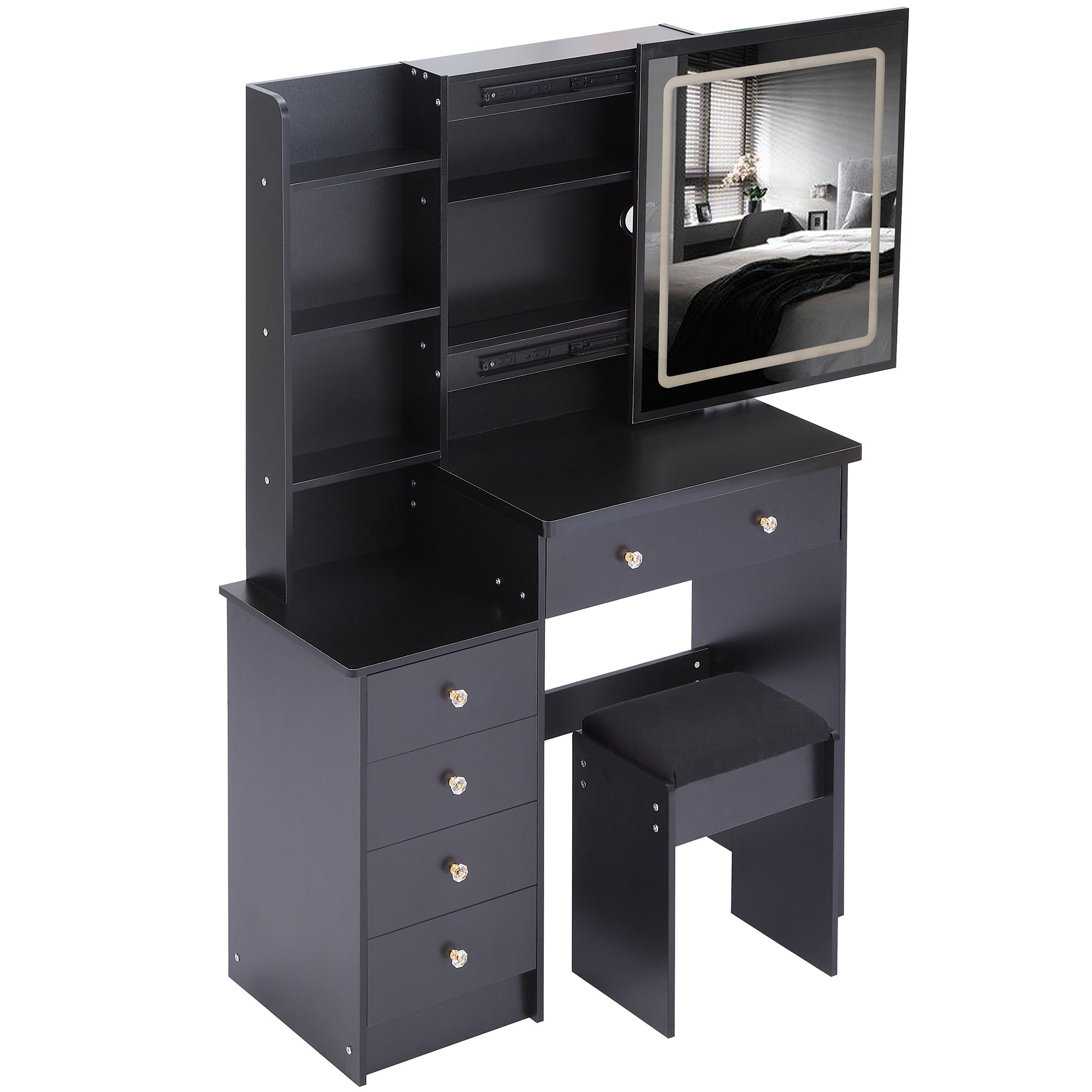 37' Middle Size Left Bedside Cabinet Vanity Table + Cushioned Stool Dresser Set, 2 AC+2 USB Socket, Hair Dryer Stand, Large Touch Control LED Sliding Mirror, 3-color Switch, EPA, GCC, UL Certificate - Grand Goldman Shop