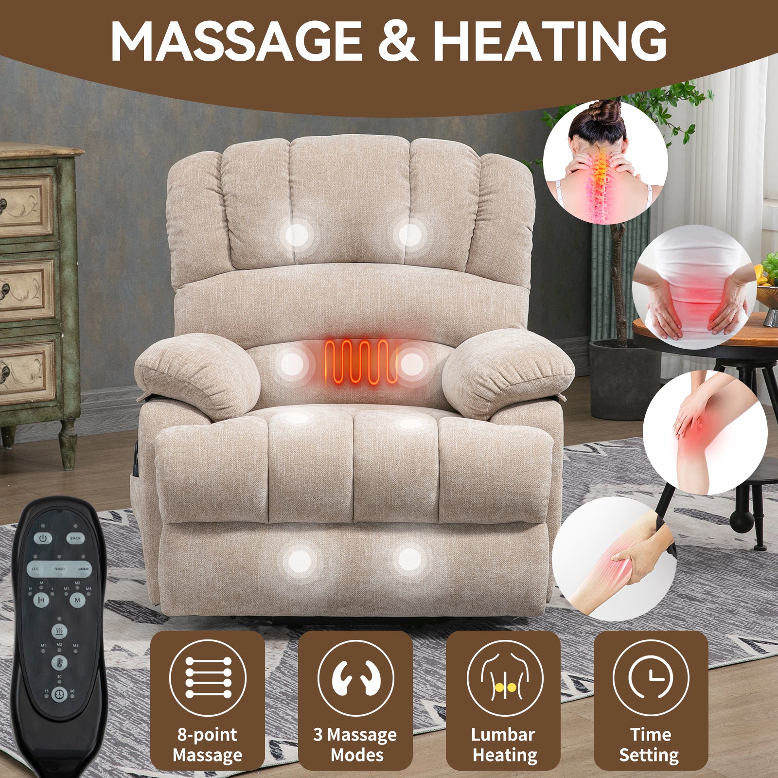 23' Seat Width and High Back Large Size Beige Chenille Power Lift Recliner Chair with 8-Point Vibration Massage and Lumbar Heating - Grand Goldman Shop