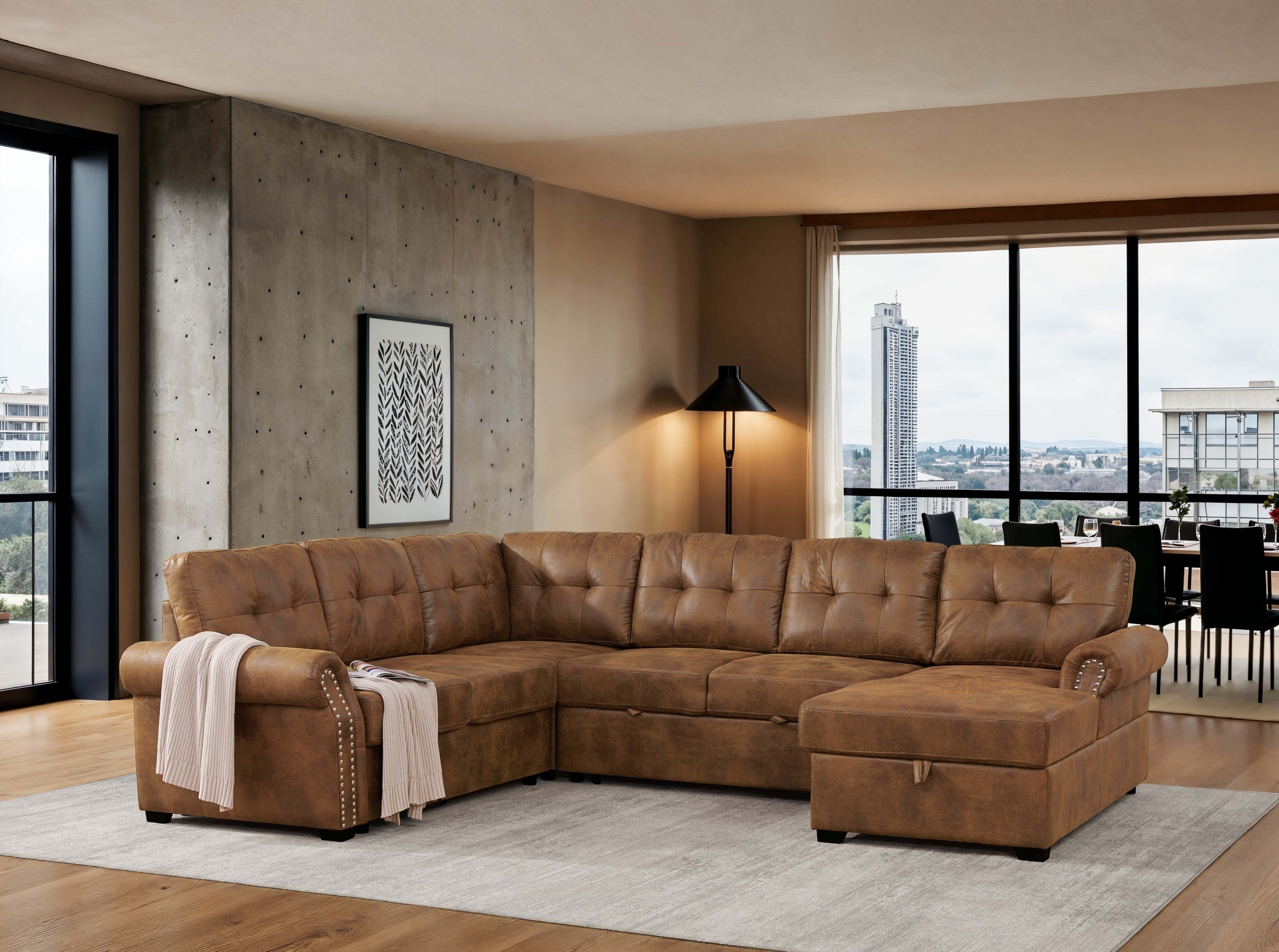 Faux Leather Fabric U-Shape Sectional Sleeper Sofa (Pull-Out Bed) With Storage Chaise - Grand Goldman Shop