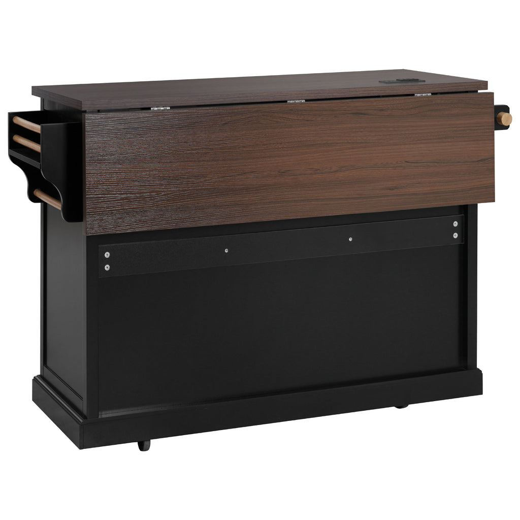 K&K 54.9' Kitchen Island with Drop Leaf, Power Outlet, Kitchen Storage Cart with 4 Door Shelves, Cross Barn Doors & Visual Glass Door, Rolling Kitchen Island on 4 Wheels for Kitchen, Dining Room,Black - Grand Goldman Shop