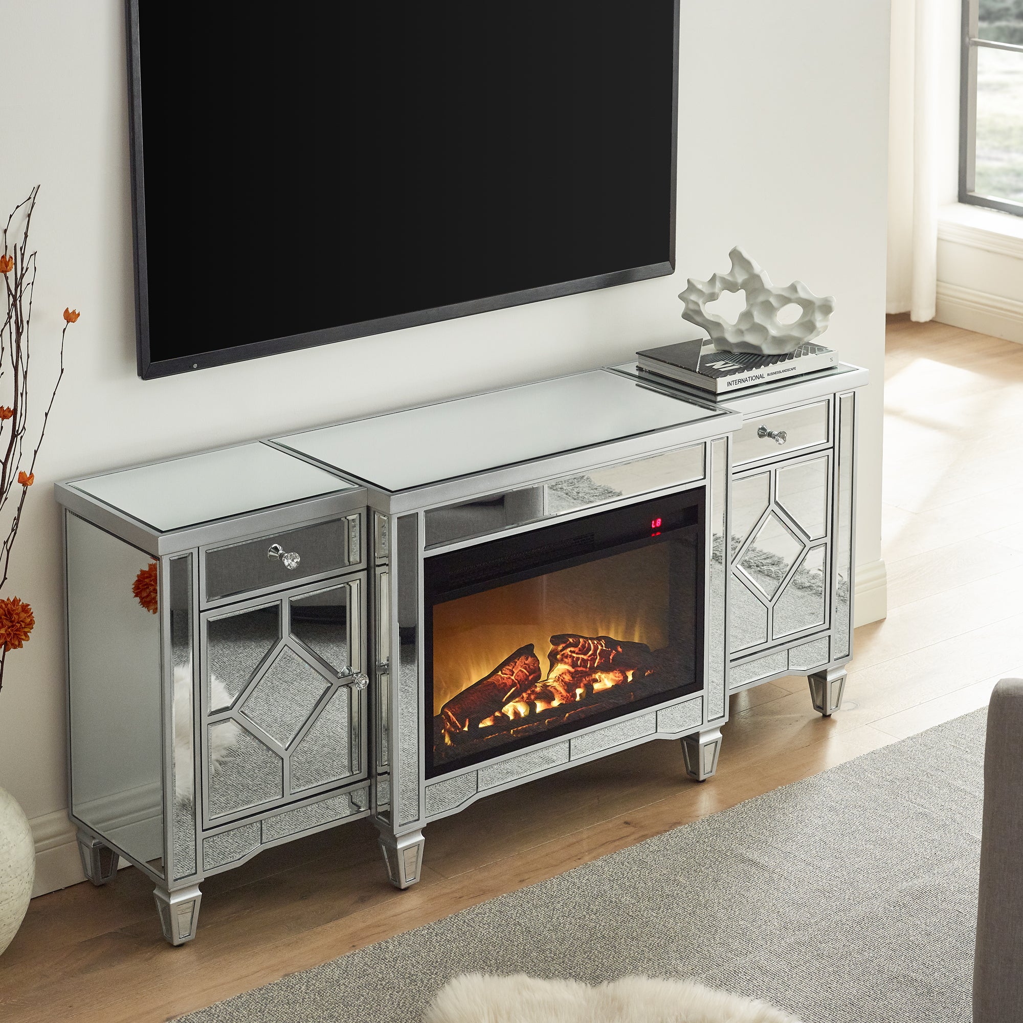 W 57' X D 15 ' X H 25.6' Flash silver combination TV fireplace cabinet - Grand Goldman Shop