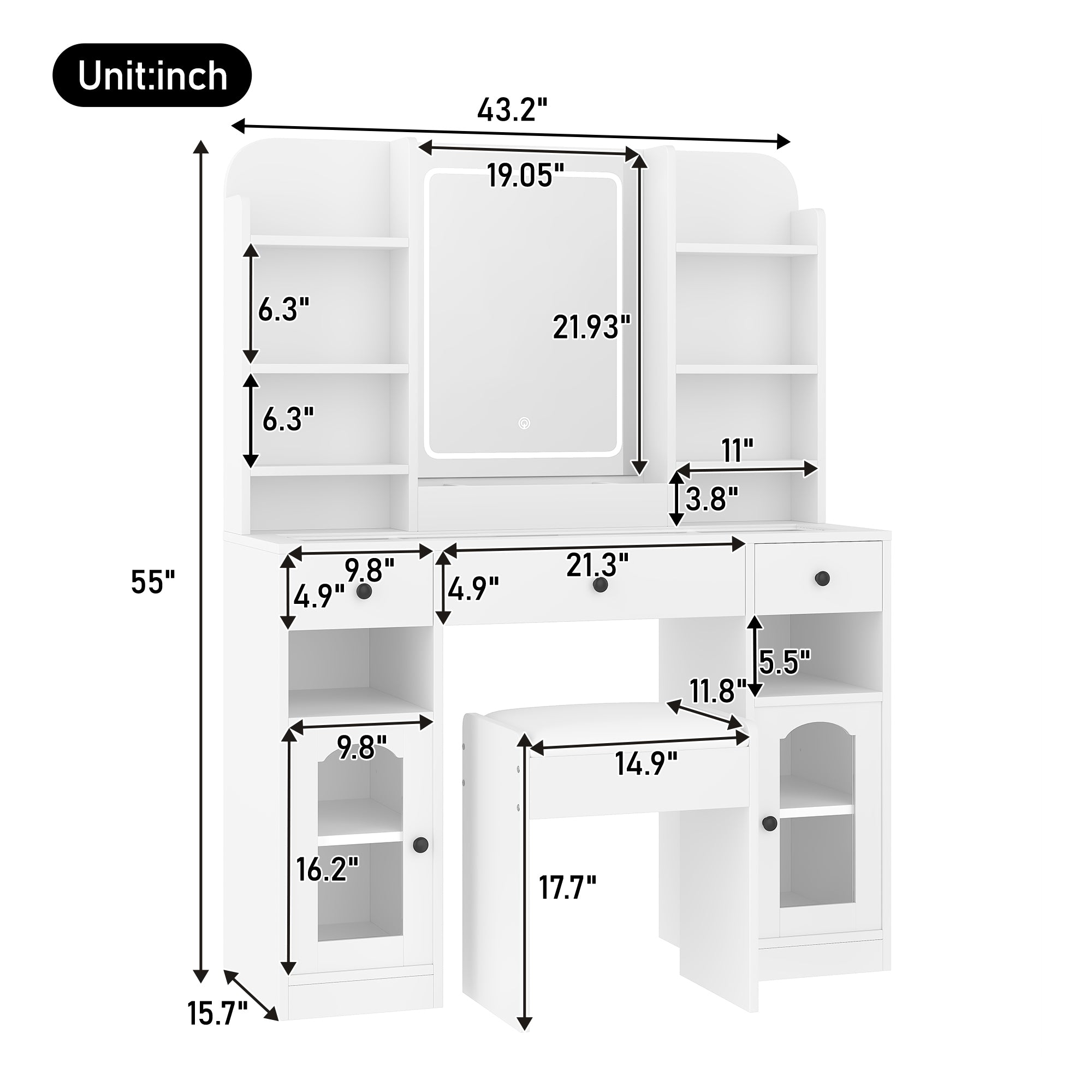 43.2' Vanity Desk with LED Mirror and Lights, Glass Top Vanity with RGB Glass Light Cabinets, Dressing Table with 3 Drawers ,Storage Shelves and Stool for Bedroom, White - Grand Goldman Shop