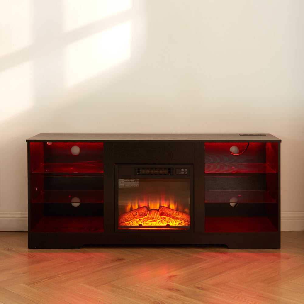 TV Stand Electric Fireplace TV Stand with Glass Shelves, 3D Fireplace TV Stand with LED Lights Wood with USB Charging Outlet Modern Television Table Center for TV up to 32-62' Black 58''W*15.4''D*24.6 - Grand Goldman Shop