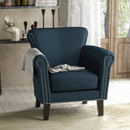 Elegant Navy Blue Fabric Club Chair with Nailhead Trim and Birch Wood Legs - Grand Goldman Shop