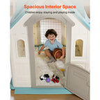 Outdoor Playhouse, 5-In-1 Cottage Play House with Pretend Play, Basketball, Darts, Soccer, Ring Toss, Window & Convenient Doo