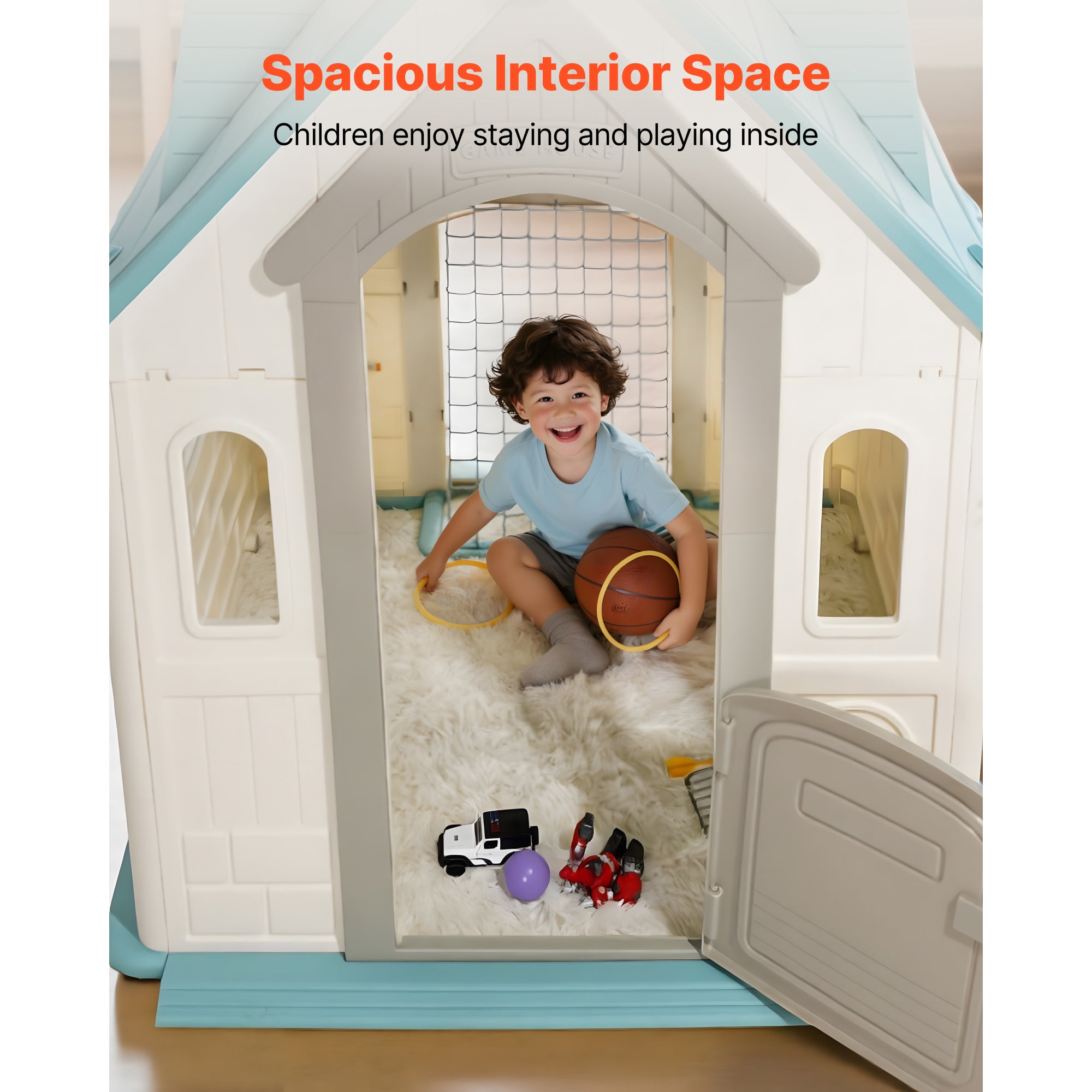 Outdoor Playhouse, 5-In-1 Cottage Play House with Pretend Play, Basketball, Darts, Soccer, Ring Toss, Window & Convenient Doo