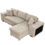 Modern L-Shape 3 Seat Reversible Sectional Couch with Pull Out Sleeper, Storage Chaise & 2 Stools, Cream, Linen Chenille - Grand Goldman Shop