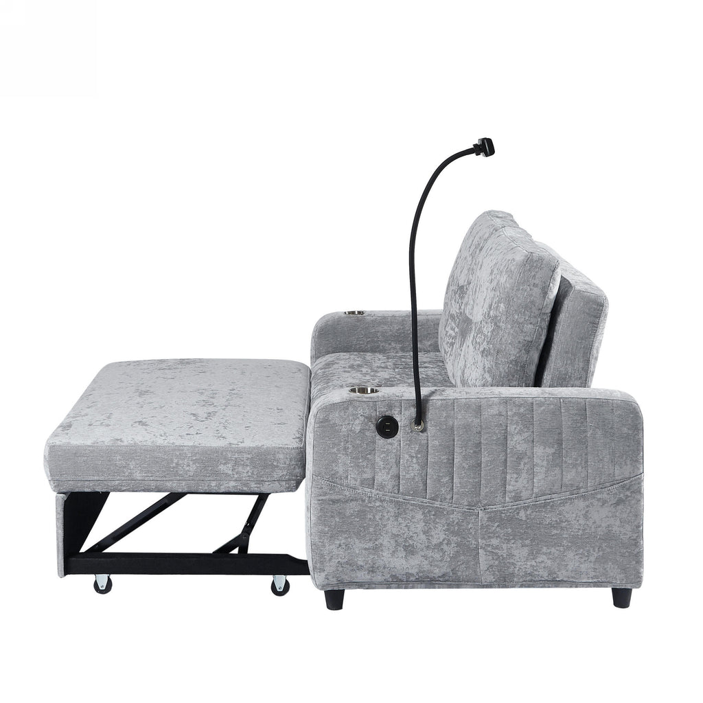 Modern Loveseat Pull-out Sofa Bed with Adjustable Backrest, Cup Holders, Phone Holder, Charging Ports, Side Storage Pockets, Grey Chenille - Grand Goldman Shop