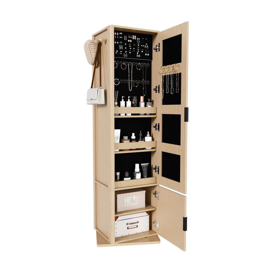 360° Rotating Makeup Cabinet in Walnut with Full-Length Mirror, Jewelry Storage, Coat Rack, 4 Open Shelves & 2 Built-In Shelves - Grand Goldman Shop