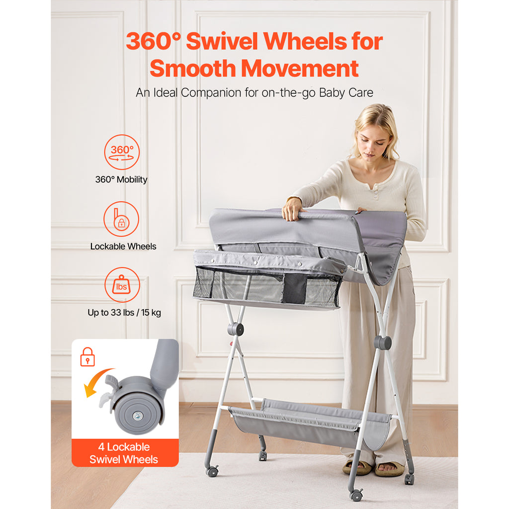 Foldable Baby Changing Diaper Station with Side Basket & Wheels Light Gray | Premium Home Decor - Grand Goldman
