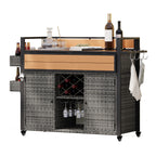 K&K 52.8'W Wicker Outdoor Grill Cart with Extended Plastic Wood Table Top, Rolling Kitchen Island on Wheels with Storage Cabinet, for Patio Backyard Garden Poolside, Double Handle Design, Grey - Grand Goldman Shop