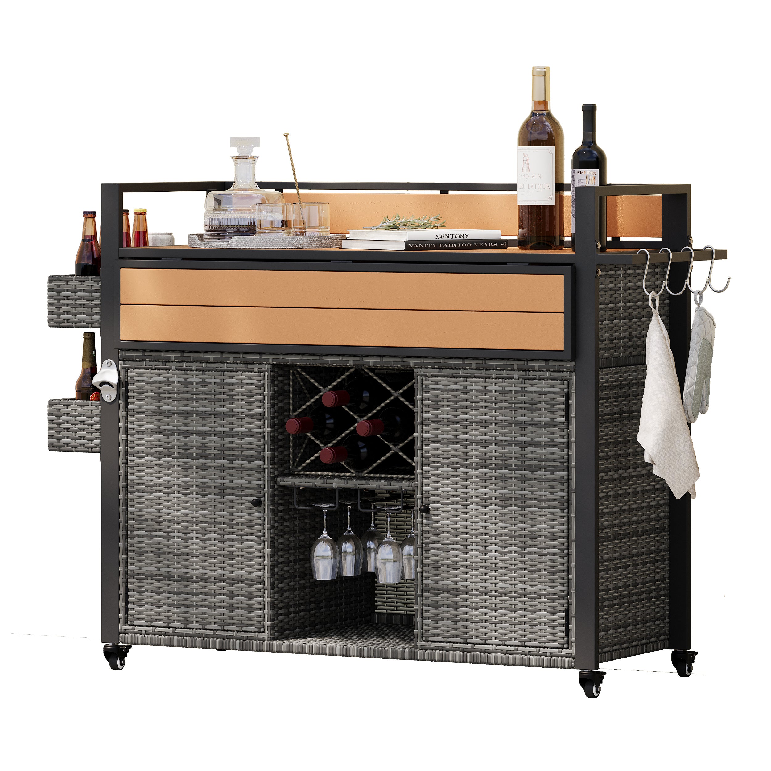 K&K 52.8'W Wicker Outdoor Grill Cart with Extended Plastic Wood Table Top, Rolling Kitchen Island on Wheels with Storage Cabinet, for Patio Backyard Garden Poolside, Double Handle Design, Grey - Grand Goldman Shop