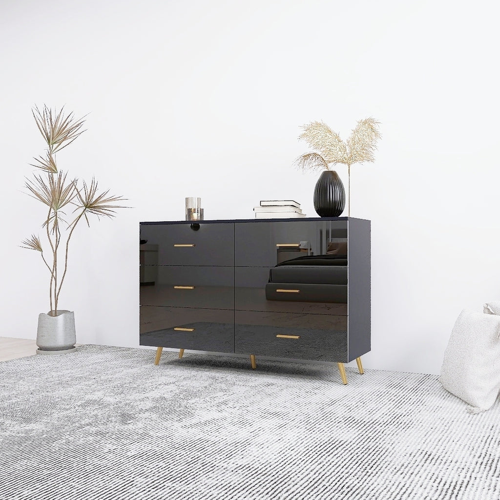 High Glossy Surface 6 Drawers Chest of Drawer with Golden Handle and Golden Steel Legs Black Color Vanity - Grand Goldman Shop