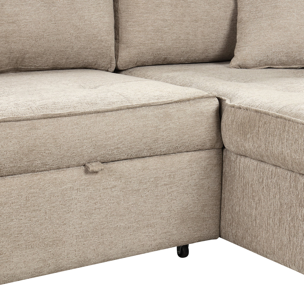 Modern L-Shape 3 Seat Reversible Sectional Couch with Pull Out Sleeper, Storage Chaise & 2 Stools, Cream, Linen Chenille - Grand Goldman Shop