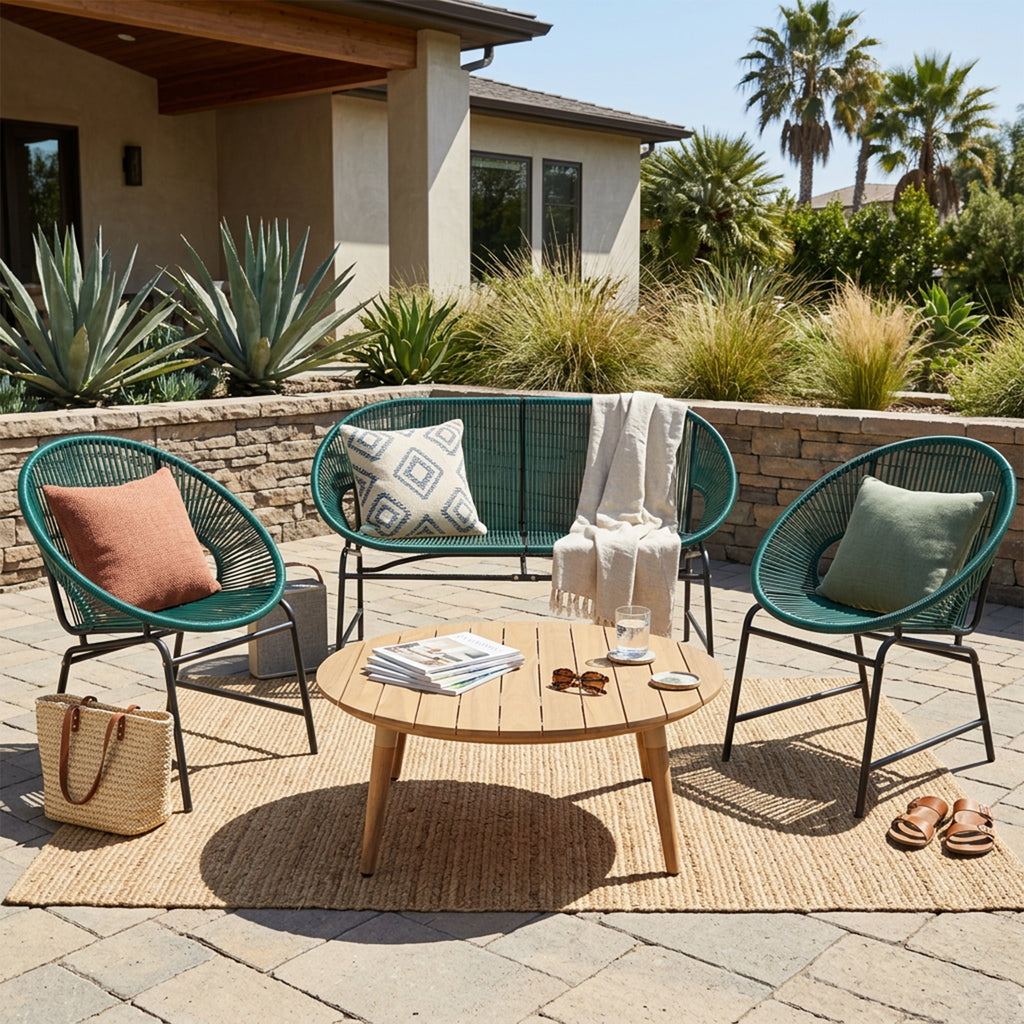 NUSA OUTDOOR PATIO 4-PCS CHAT SET, TEAL PE RATTAN & IRON FRAM FURNITURE, ACACIA WOOD TABLE