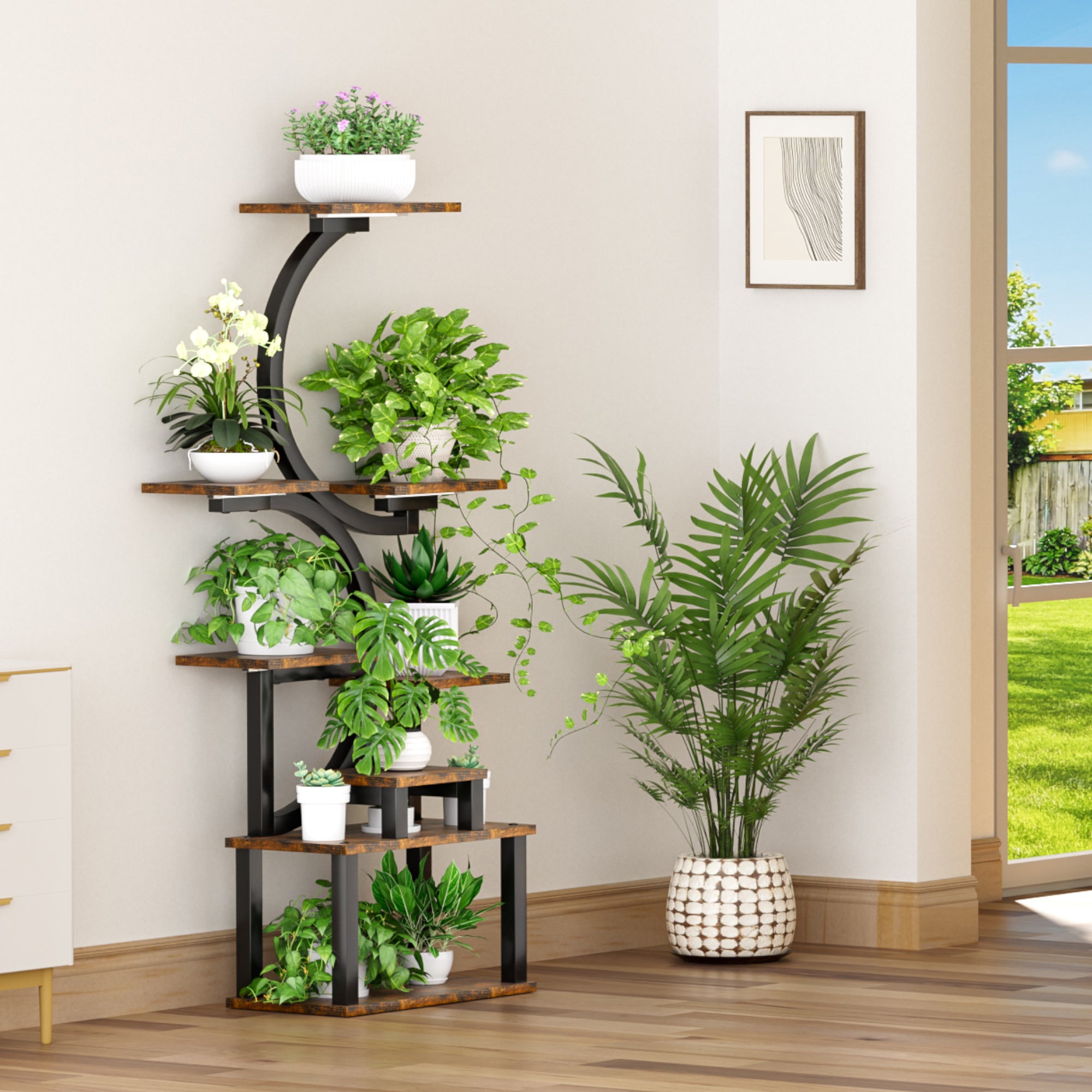 8-Tier Indoor Plant Stand with 5 Grow Lights, Rustic Brown MDF+Metal, 10-Level Dimming, 62-Inch Tall for Living Room or Garden - Grand Goldman Shop