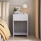 Modern Nightstand with Drawer and Open Shelf, Scalloped Edge Bedside Table in Light Purple, Minimalist Side Table for Kids Room or Girls' Room, Engineered Wood, 16.93 x 14.96 x 26.77 inches - Grand Goldman Shop
