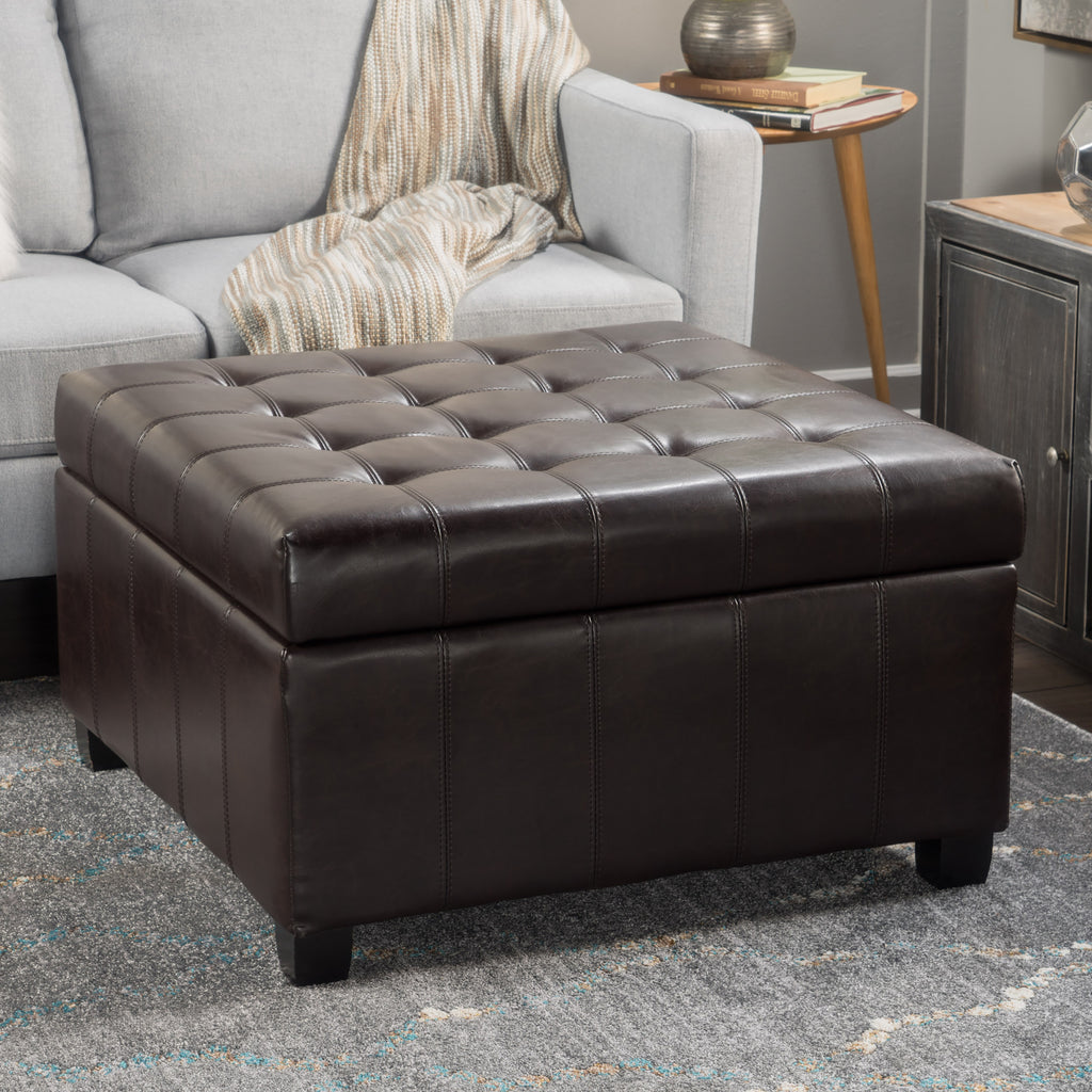 Upholstered Tufted PU Leather Storage Ottoman, Dark Brown - Grand Goldman Shop
