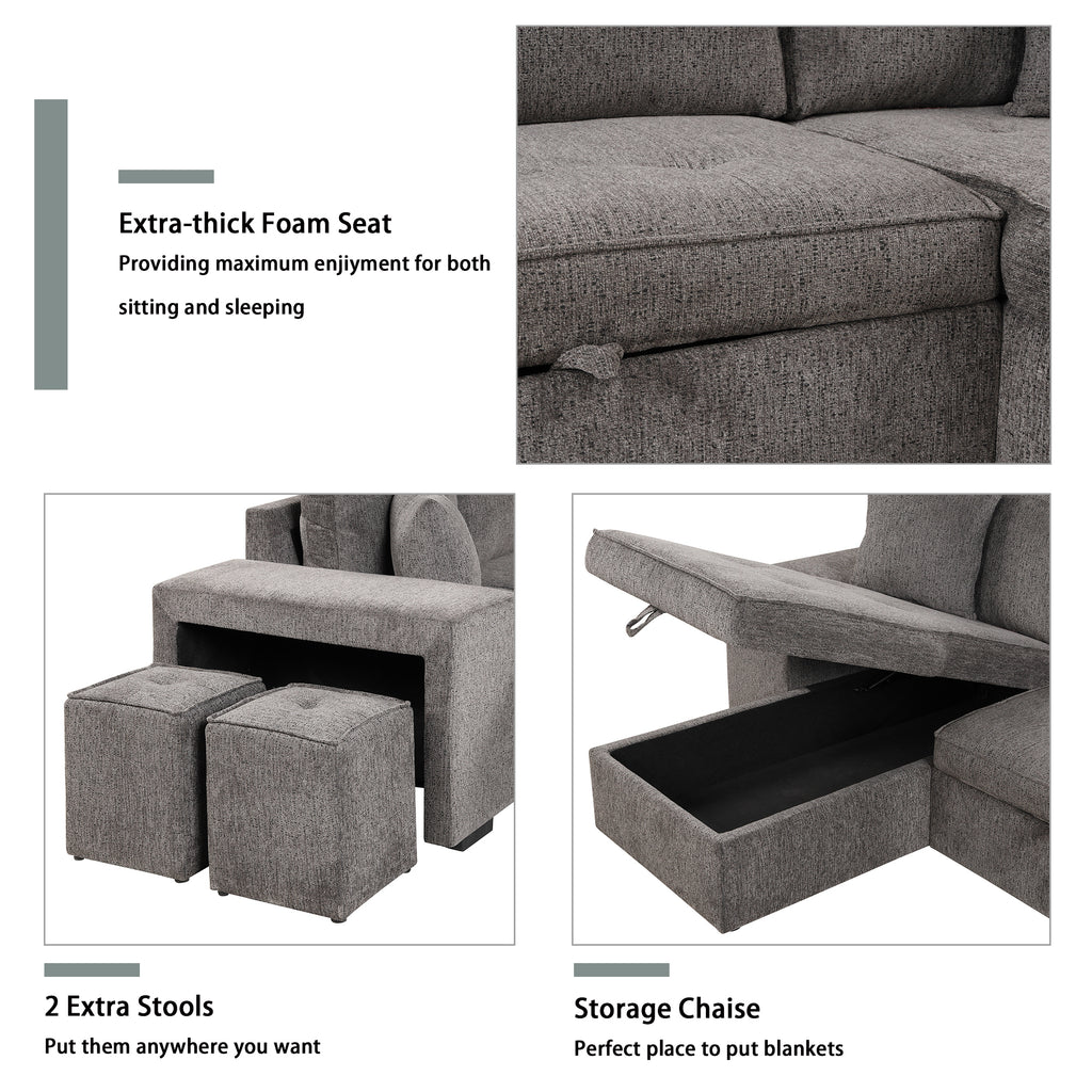 104.5' Modern L-Shape 3 Seat Reversible Sectional Couch, Pull Out Sleeper Sofa with Storage Chaise and 2 Stools for Living Room Furniture Set,Knox Charcoal (old sku:SG000431AAA) - Grand Goldman Shop