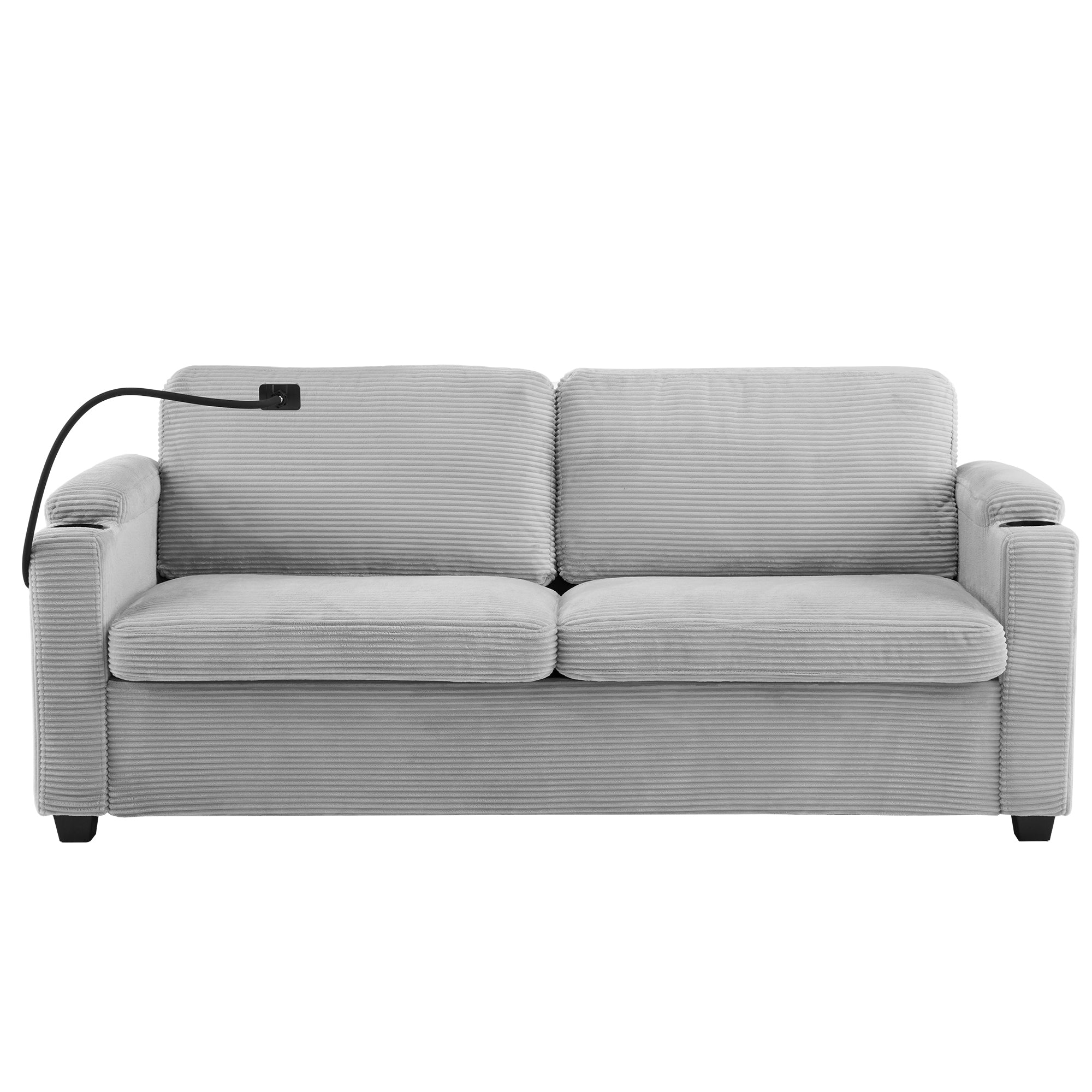 Corduroy Sleeper Sofa Loveseat with Full Size Mattress, USB Ports, Cup Holders, Side Pockets, and Phone Holder, Grey - Grand Goldman Shop