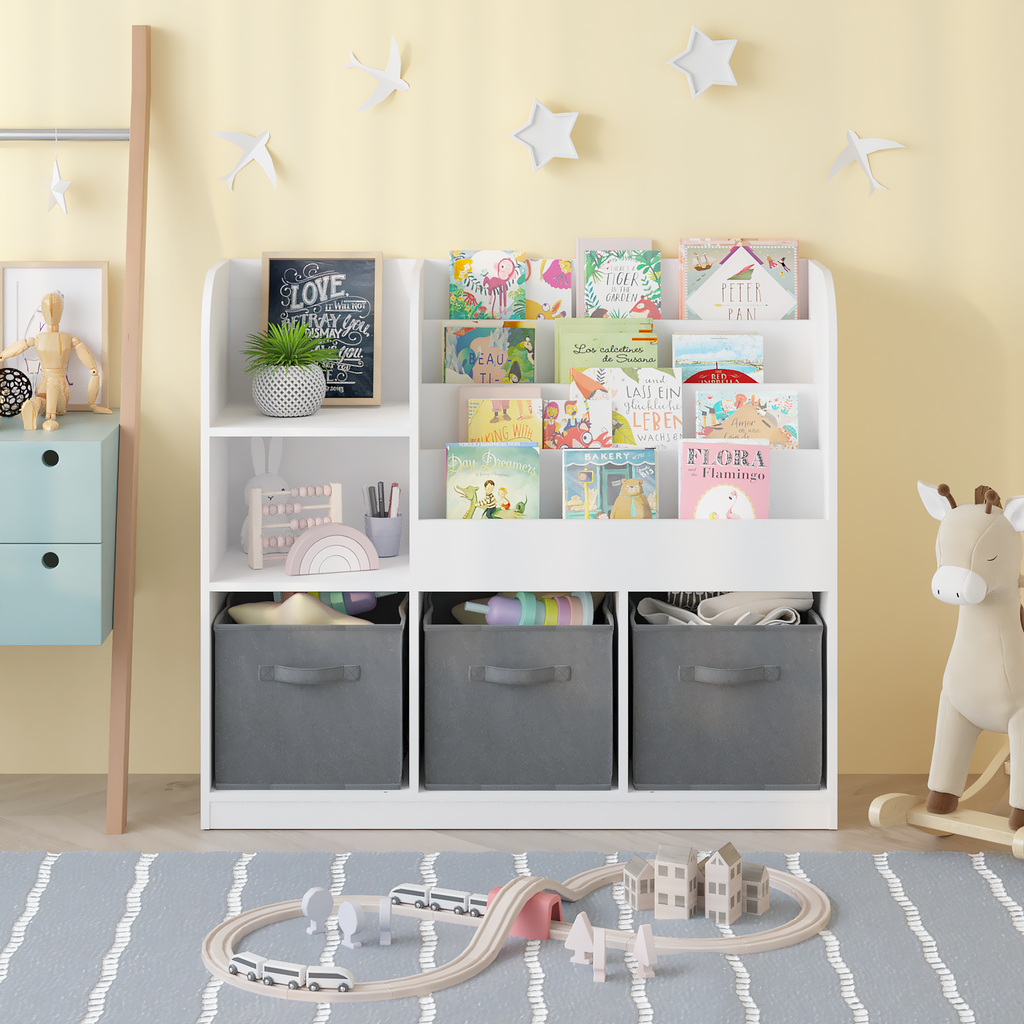 Kids Bookcase and Bookshelf with 3 Collapsible Fabric Drawers, Multifunctional Display Stand for Bedroom, Playroom, Hallway i