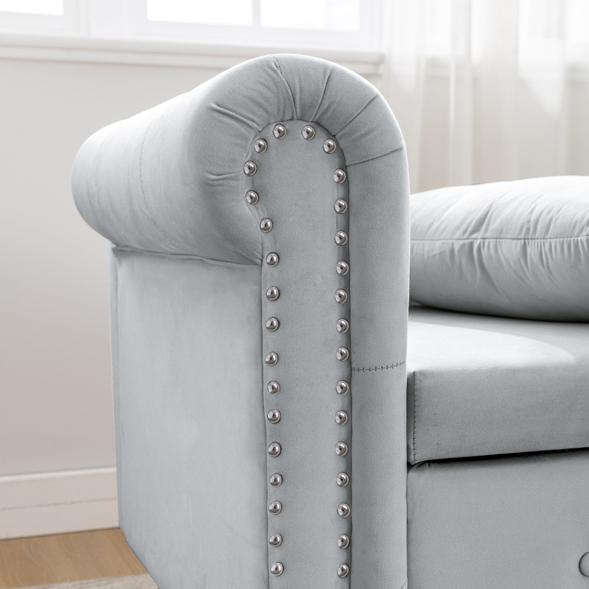 Grey Chaise Lounge Indoor, Velvet Lounge Chair for Bedroom with Storage & Pillow, Modern Upholstered Rolled Arm Chase Lounge for Sleeping with Nailhead Trim for Living Room Bedroom Office - Grand Goldman Shop