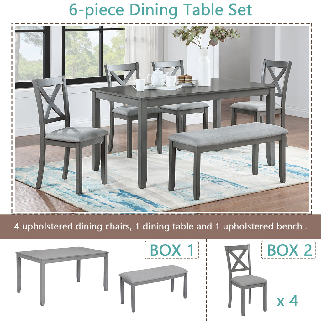 6PCs Kitchen Dining Set, Rectangular Wooden Dining Table with 4 Upholstered Chairs and a Bench, Dining Table Set for 6 People, Living Room, Home Bar and Kitchen, Gray - Grand Goldman Shop