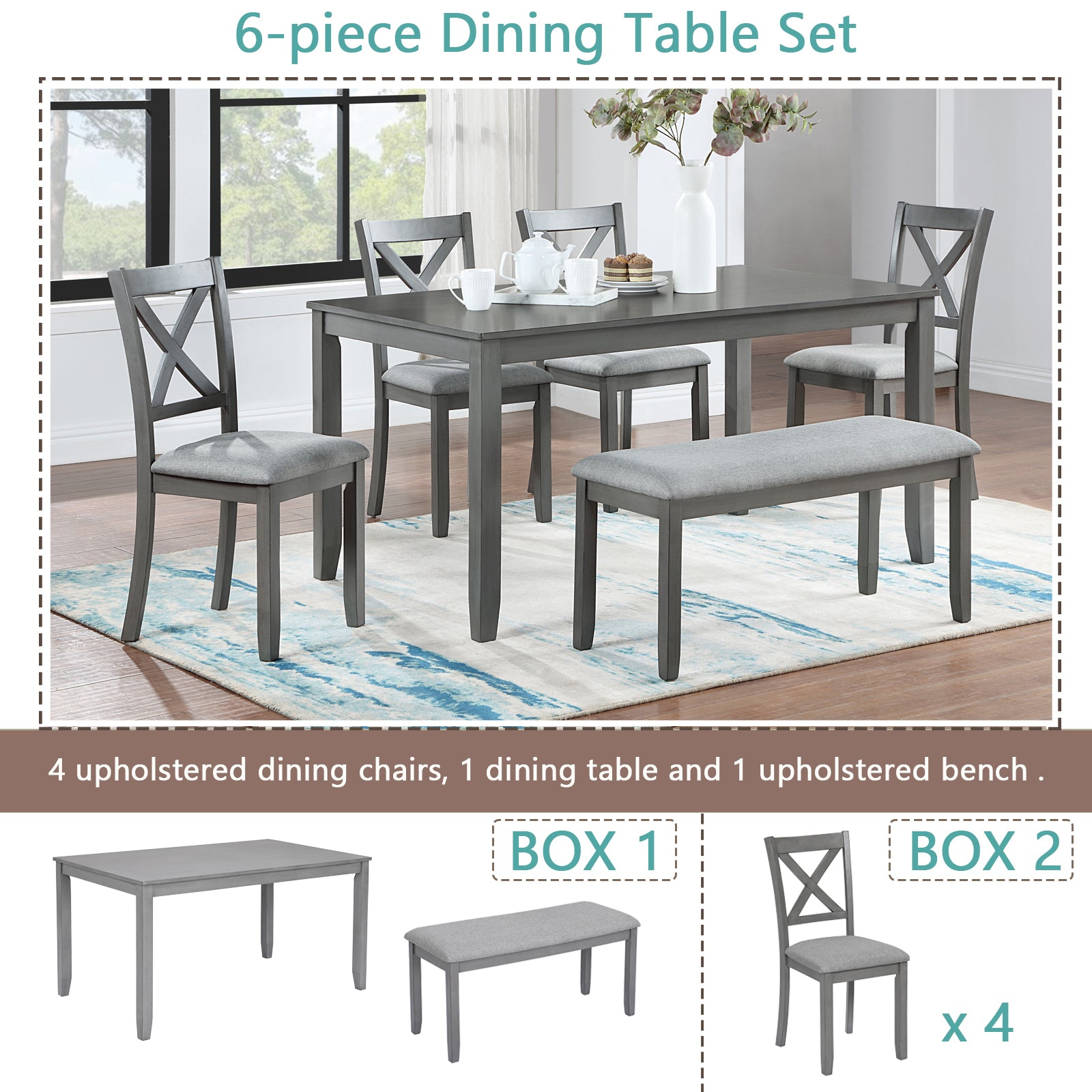6PCs Kitchen Dining Set, Rectangular Wooden Dining Table with 4 Upholstered Chairs and a Bench, Dining Table Set for 6 People, Living Room, Home Bar and Kitchen, Gray - Grand Goldman Shop