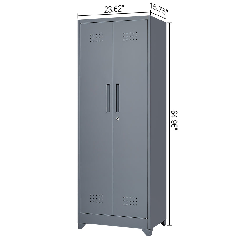 Grey Heavy Duty Metal Storage Cabinet with Locking Doors, Hanging Rod & Shelves, 65' H Broom Closet for Garage or Basement - 