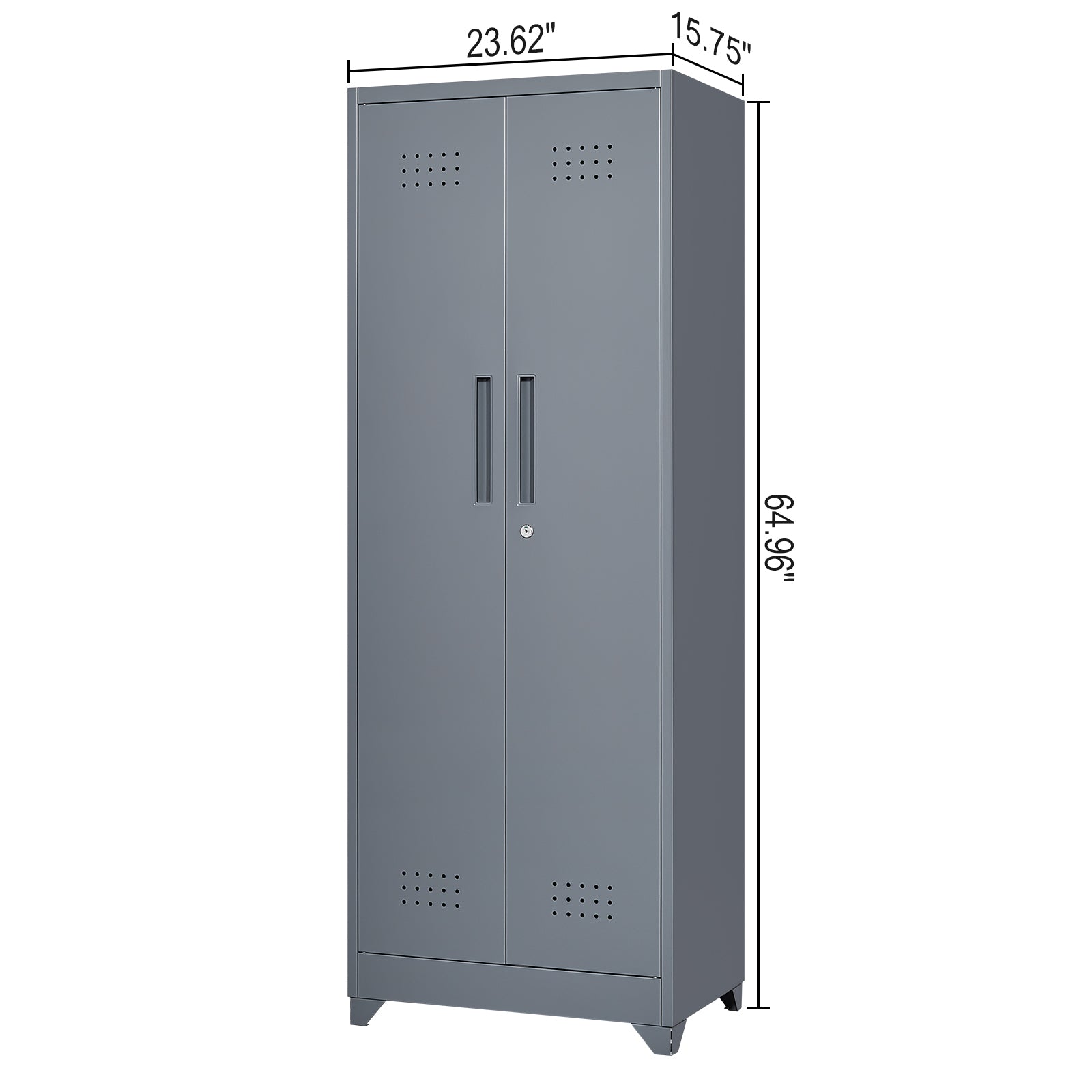 Grey Heavy Duty Metal Storage Cabinet with Locking Doors, Hanging Rod & Shelves, 65' H Broom Closet for Garage or Basement - 