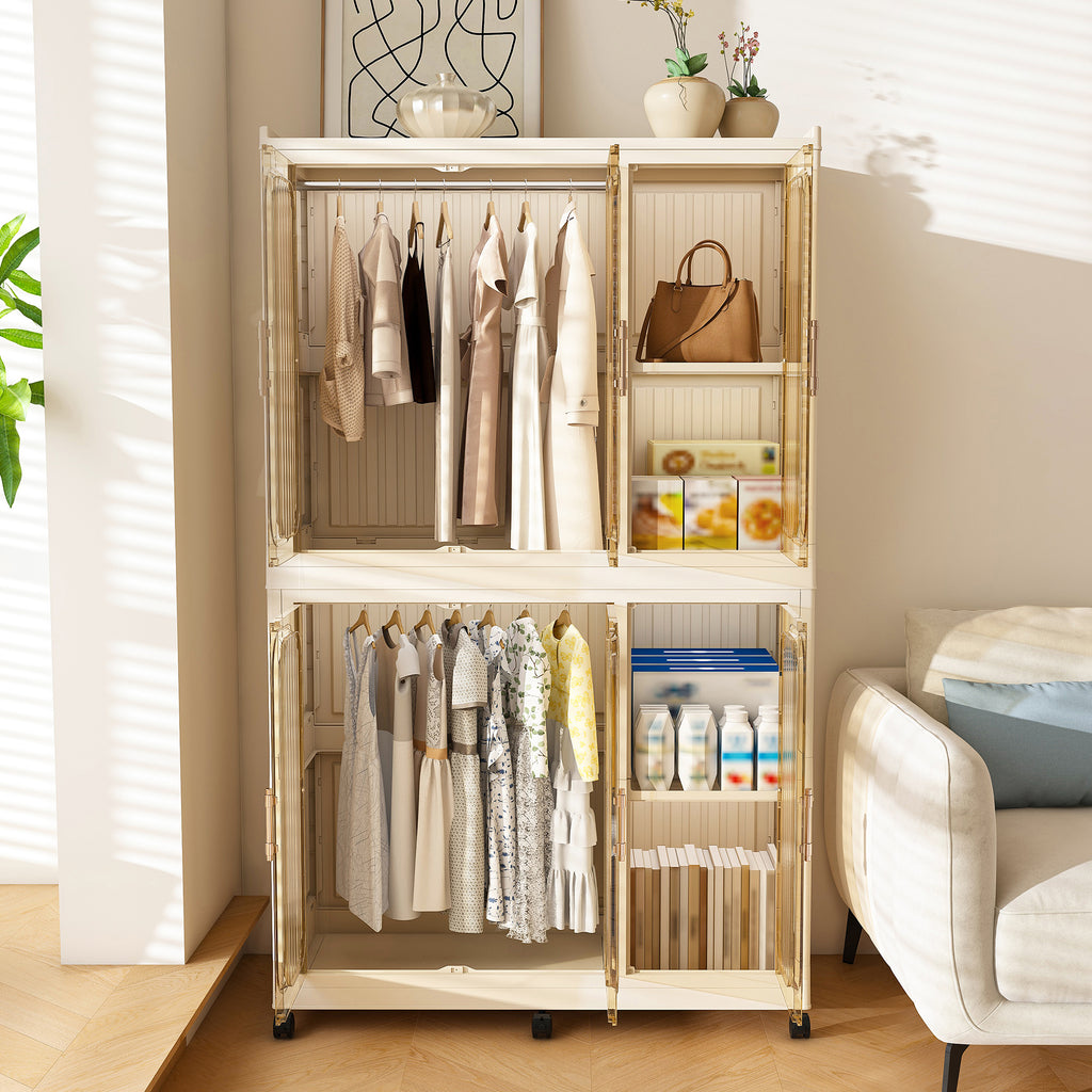 Portable Wardrobe Closet Storage Organizer for Clothes, 6 Magnetic Doors with 6 Cubes & 2 Hanging Rods, 6 Hangers, White, Child-Safe PP+ABS Material - Grand Goldman Shop