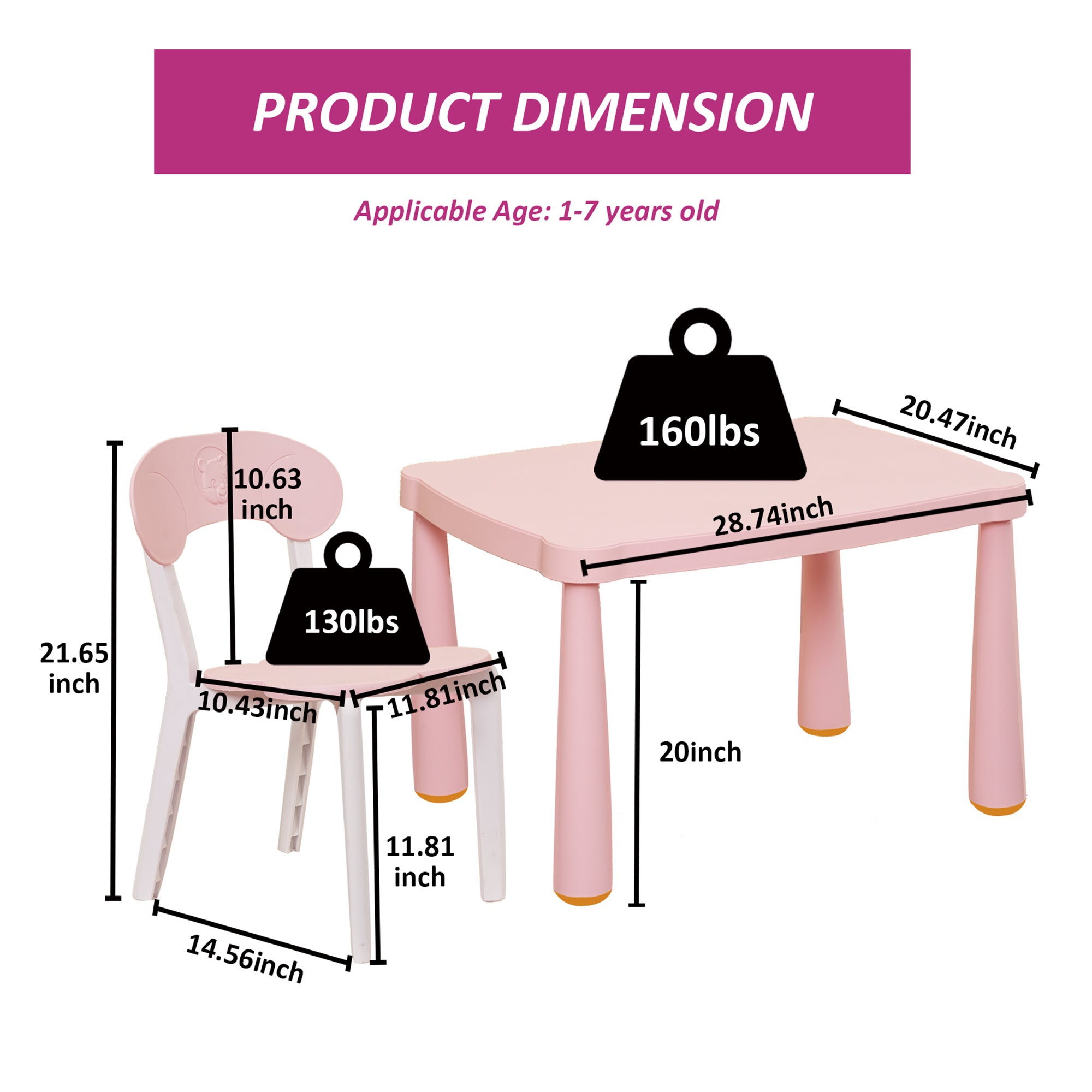 Kids Table and Chair Set, 3 Piece Toddler Table and Chair Set, Plastic Children Activity Tablefor Reading,Preschool,Drawing,T