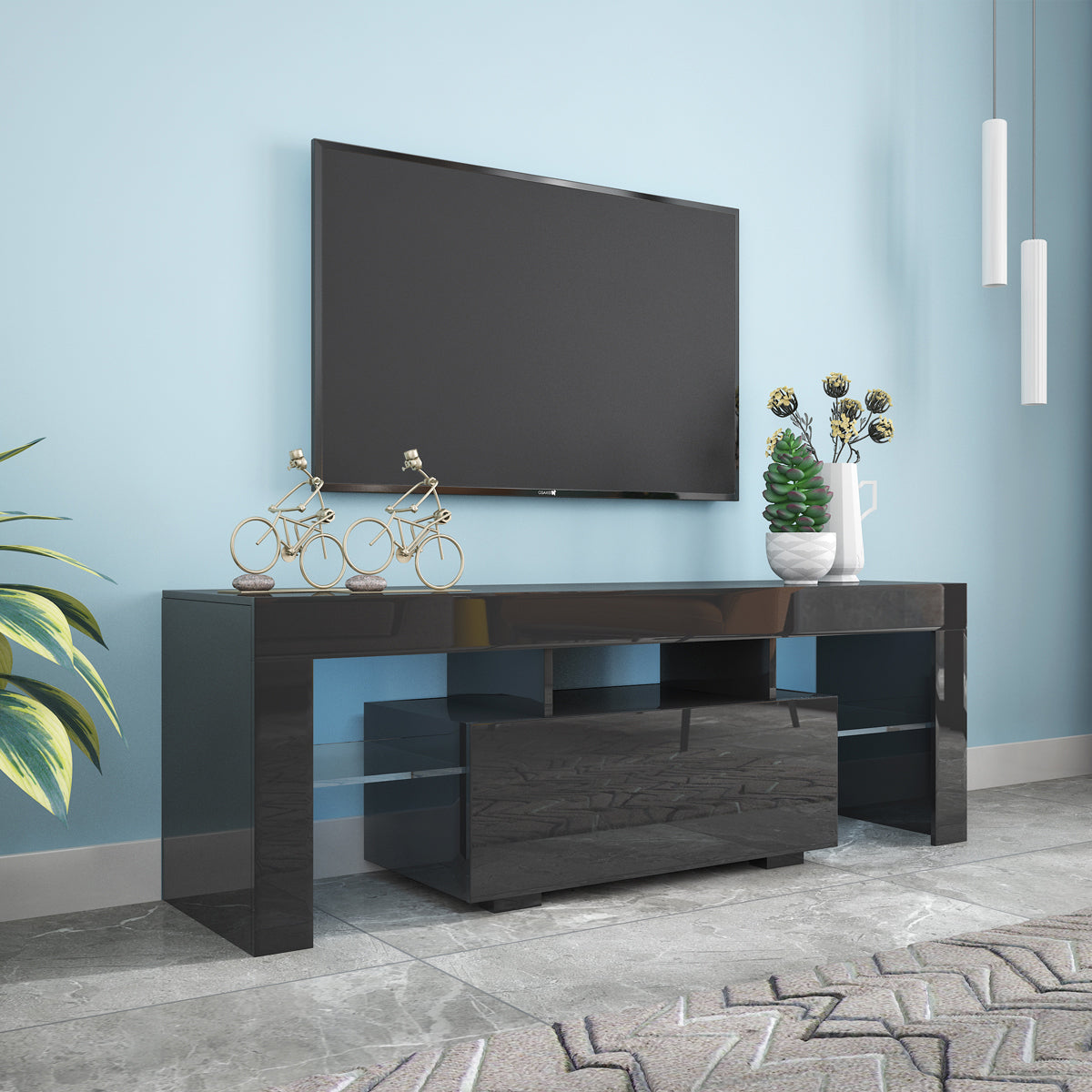 Black TV Stand with LED RGB Lights,Flat Screen TV Cabinet, Gaming Consoles - in Lounge Room, Living Room and Bedroom(Black) - Grand Goldman Shop