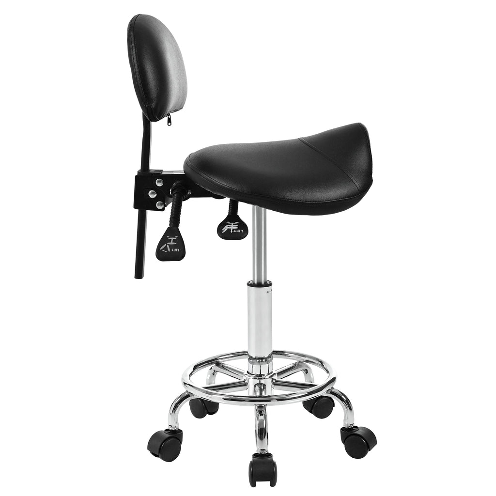 Saddle Stool with Back Support, Rolling Stools with Foot Rest, Ergonomic Adjustable Stool with Wheels, Backrest Adjustable Height & Angle for Salon Spa Tattoo Massage Swivel Stool Chair.(N753P243053B) - Grand Goldman Shop