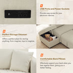 Modern L-shaped Sectional Pull Out Sofa Bed with USB Ports and Storage Ottoman, Beige, Jacquard Fabric, 82.6' - Grand Goldman Shop
