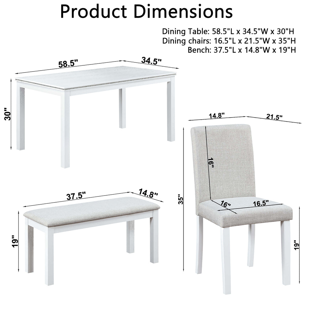 6 Piece Wooden Dining Table Set, Wooden Dining Table with 4 Upholstered Chairs and Bench for 6 People, Rectangular Dining Table Set with Crystal Decoration for Kitchen, Dining Room, White - Grand Goldman Shop