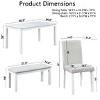 6 Piece Wooden Dining Table Set, Wooden Dining Table with 4 Upholstered Chairs and Bench for 6 People, Rectangular Dining Table Set with Crystal Decoration for Kitchen, Dining Room, White - Grand Goldman Shop
