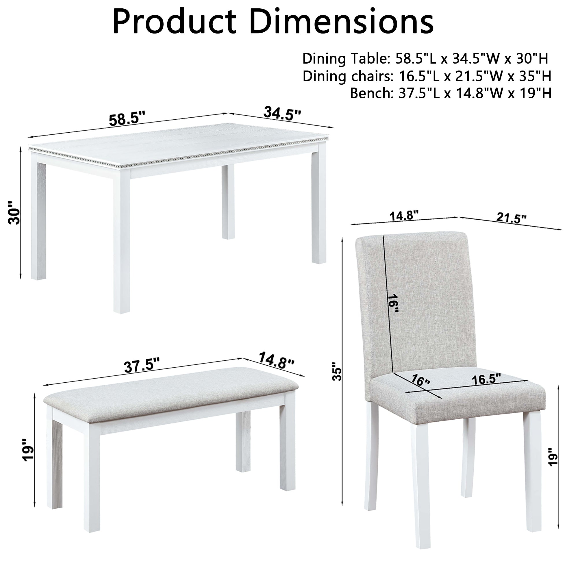 6 Piece Wooden Dining Table Set, Wooden Dining Table with 4 Upholstered Chairs and Bench for 6 People, Rectangular Dining Table Set with Crystal Decoration for Kitchen, Dining Room, White - Grand Goldman Shop