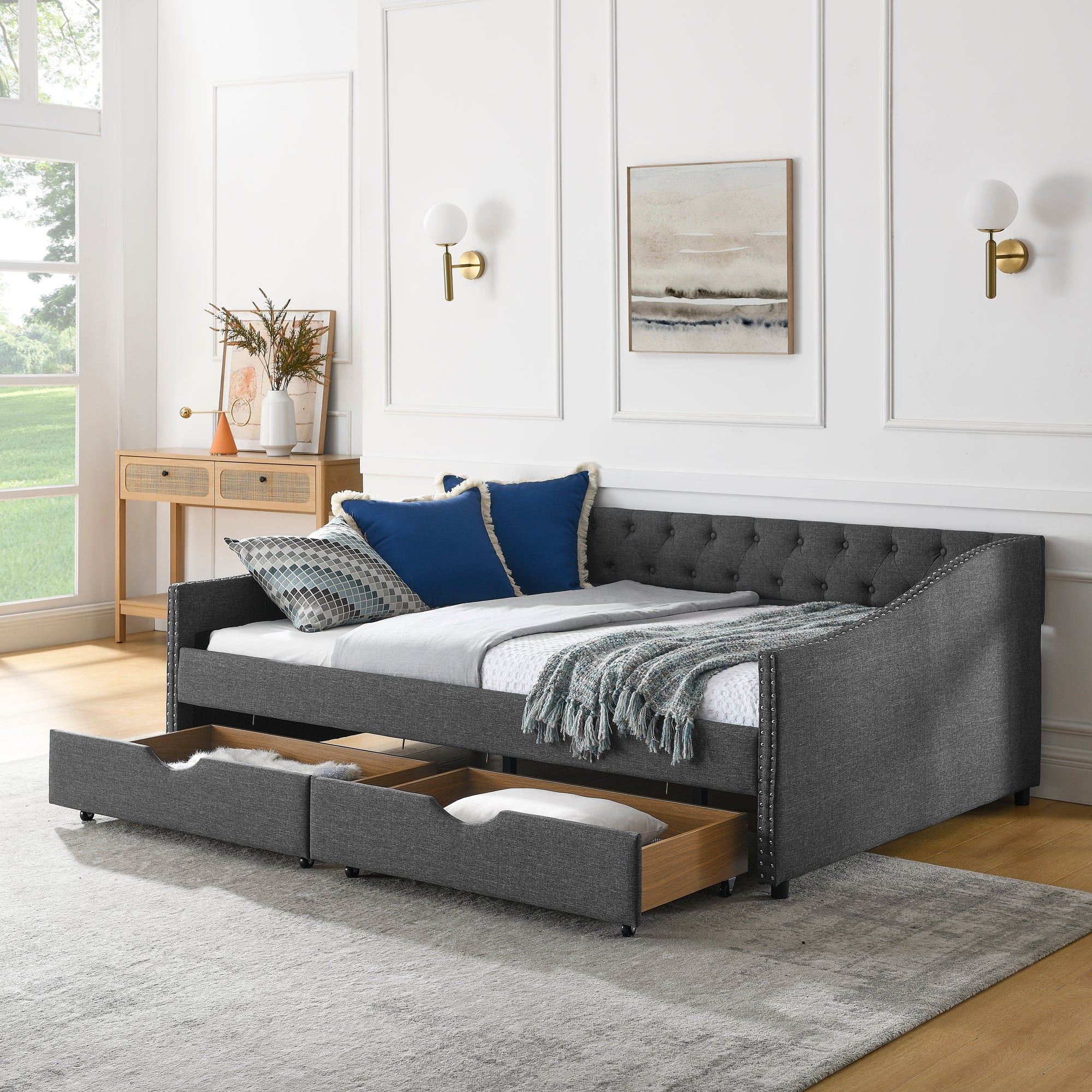 Mid-Century Style Upholstered Daybed with Drawers, Dark Grey Linen Fabric, Button Tufted Back, Copper Nail Trimmed Waved Arms, 80.5''x55.5''x27.5'' - Grand Goldman Shop