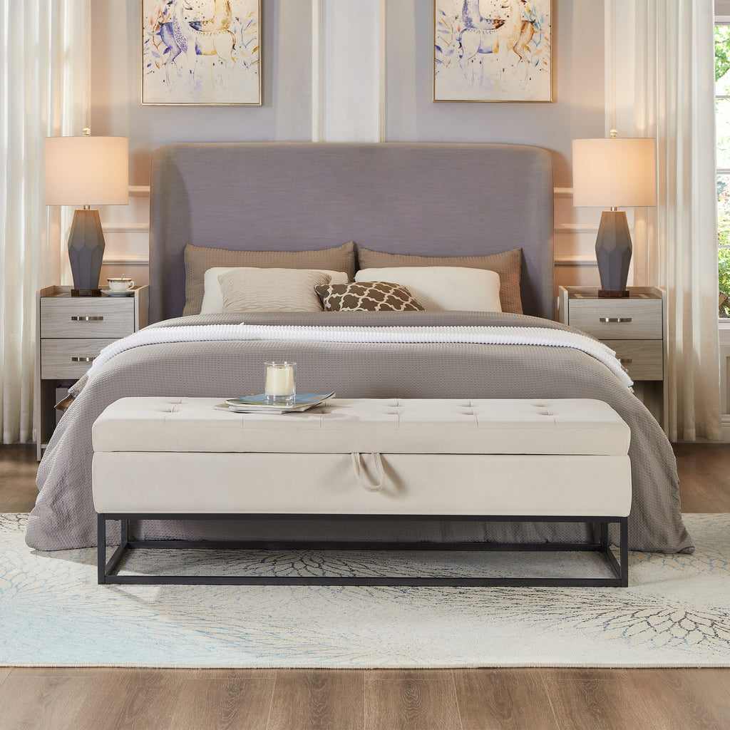 58.6' Bed Bench Metal Base with Storage Beige Velvet - Grand Goldman Shop