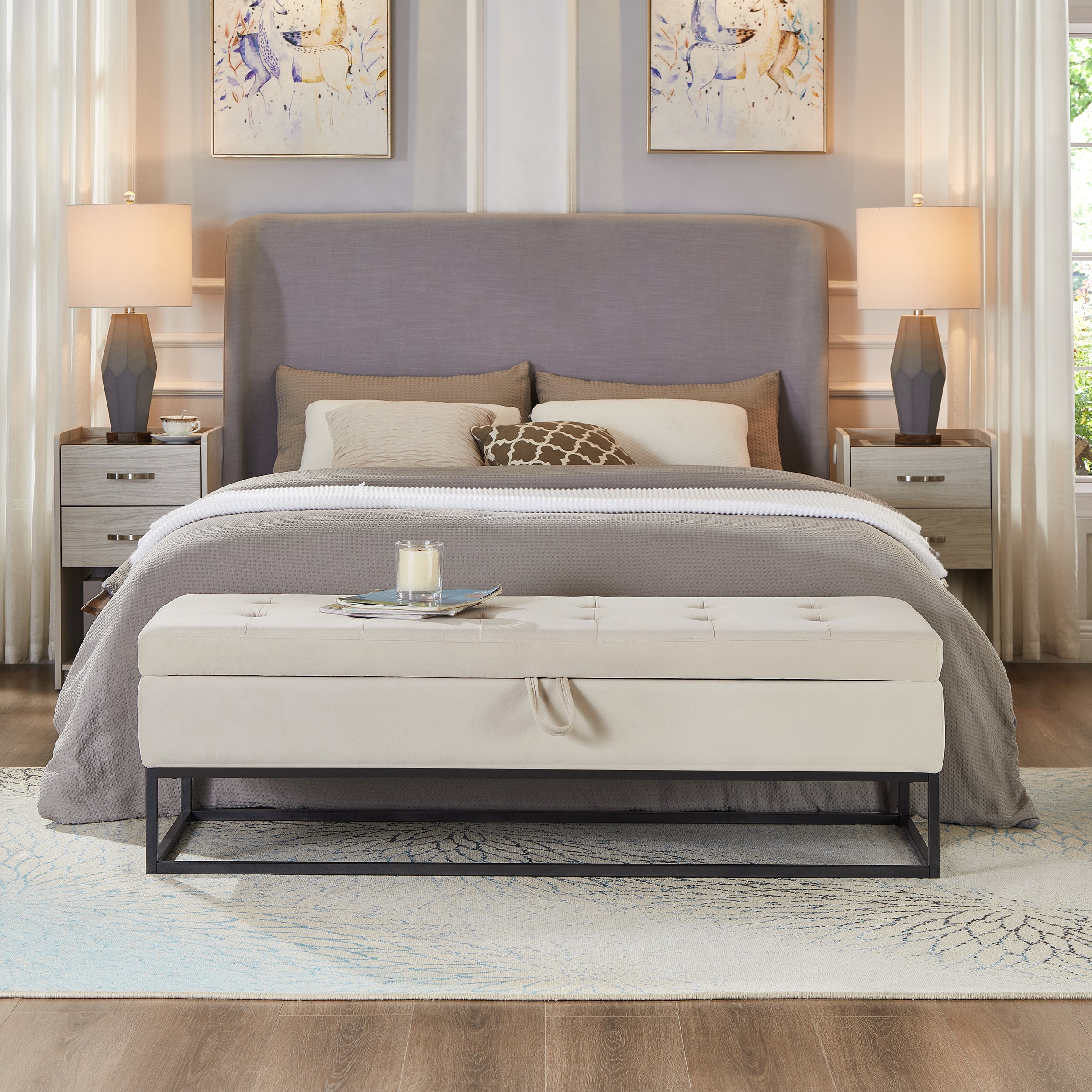 58.6' Bed Bench Metal Base with Storage Beige Velvet - Grand Goldman Shop