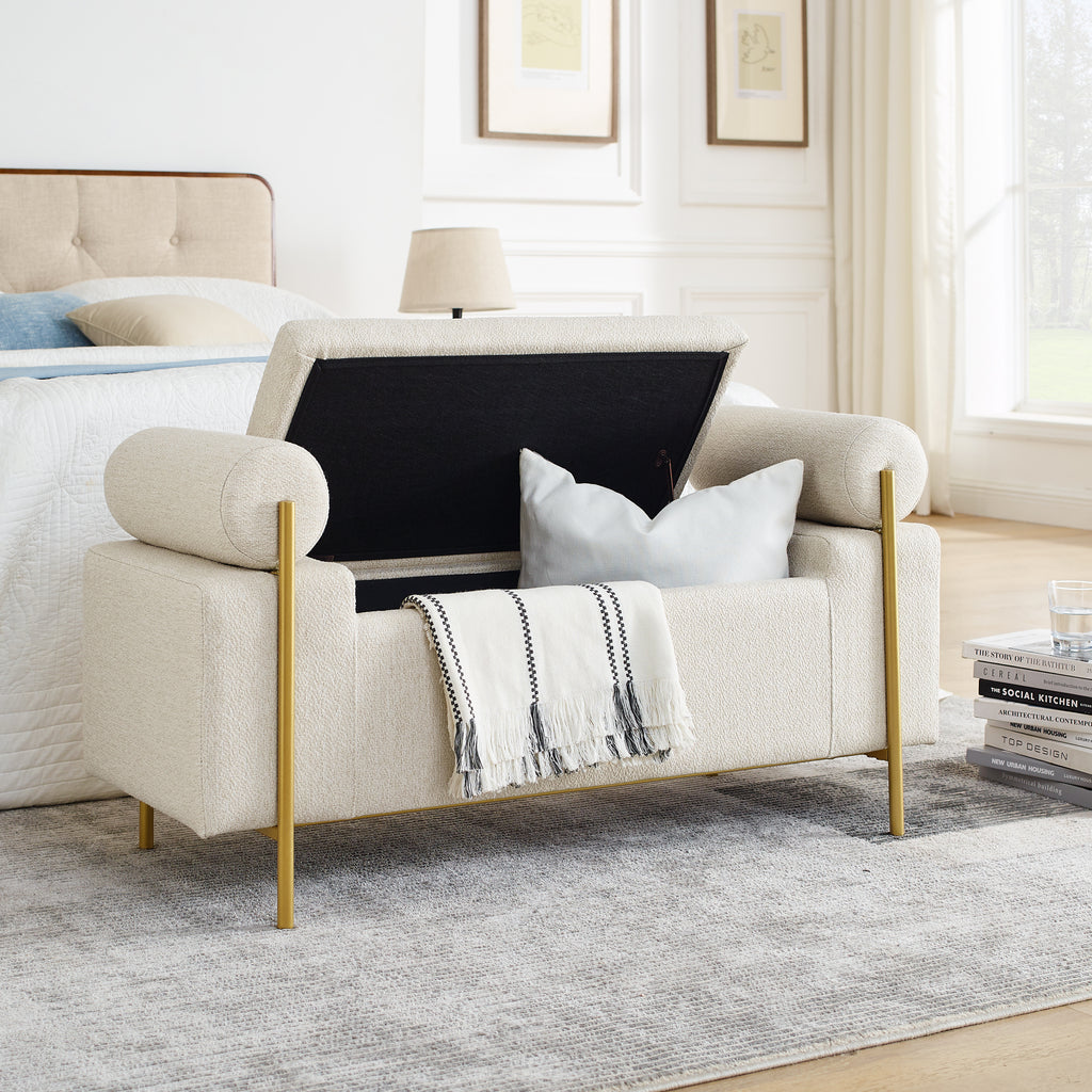 Elegant Upholstered Linen Storage Bench with Cylindrical Arms and Iron Legs, Beige - Grand Goldman Shop