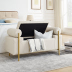 Elegant Upholstered Linen Storage Bench with Cylindrical Arms and Iron Legs, Beige - Grand Goldman Shop