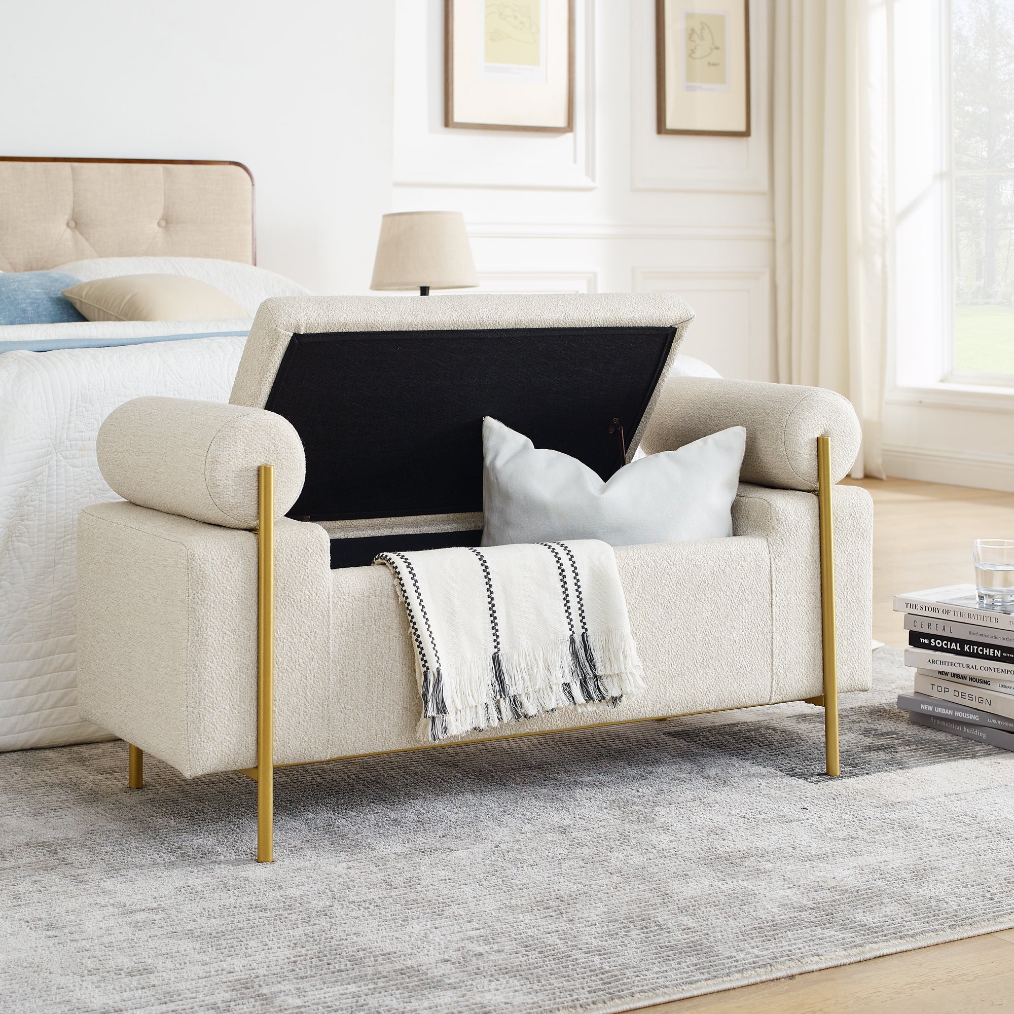 Elegant Upholstered Linen Storage Bench with Cylindrical Arms and Iron Legs, Beige - Grand Goldman Shop