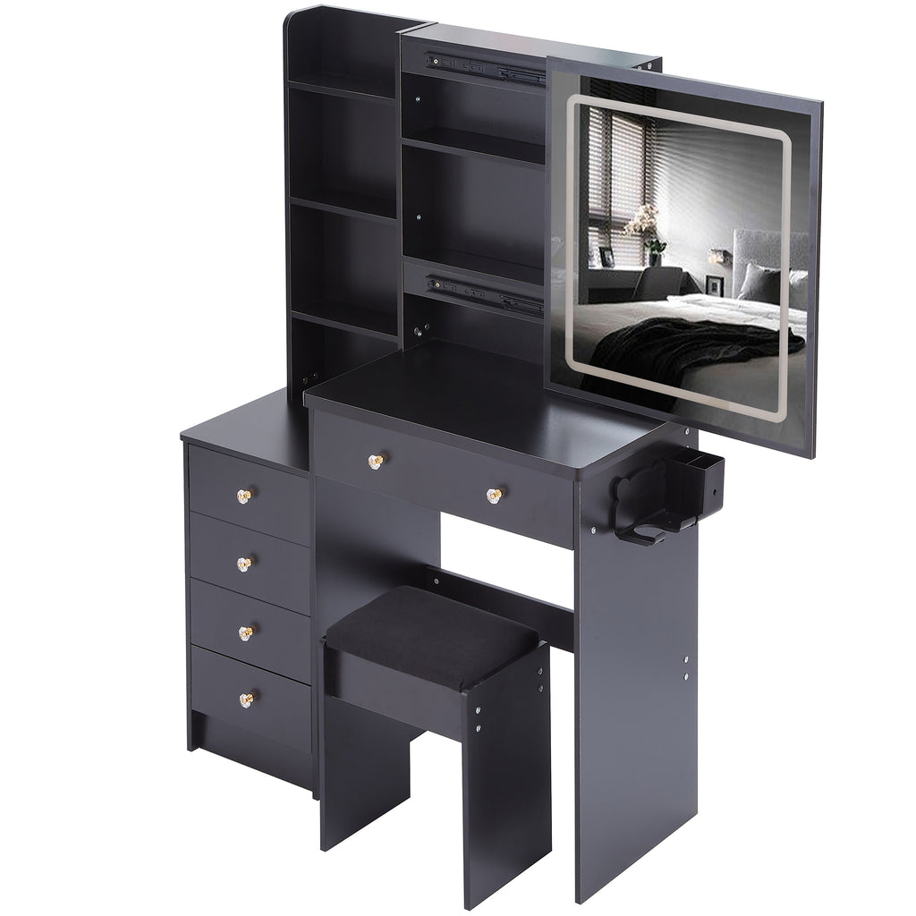 37' Middle Size Left Bedside Cabinet Vanity Table + Cushioned Stool Dresser Set, 2 AC+2 USB Socket, Hair Dryer Stand, Large Touch Control LED Sliding Mirror, 3-color Switch, EPA, GCC, UL Certificate - Grand Goldman Shop