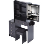 37' Middle Size Left Bedside Cabinet Vanity Table + Cushioned Stool Dresser Set, 2 AC+2 USB Socket, Hair Dryer Stand, Large Touch Control LED Sliding Mirror, 3-color Switch, EPA, GCC, UL Certificate - Grand Goldman Shop