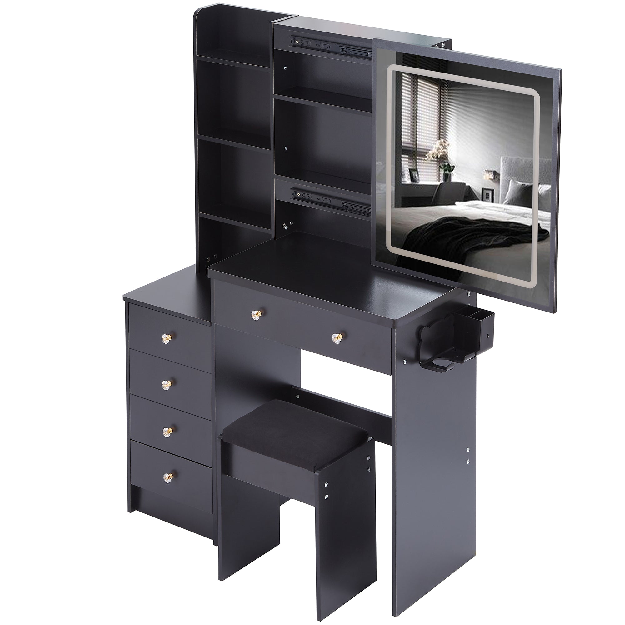 37' Middle Size Left Bedside Cabinet Vanity Table + Cushioned Stool Dresser Set, 2 AC+2 USB Socket, Hair Dryer Stand, Large Touch Control LED Sliding Mirror, 3-color Switch, EPA, GCC, UL Certificate - Grand Goldman Shop