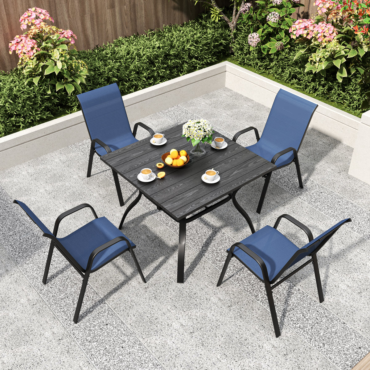 5-Piece Outdoor Patio Dining Set, Vintage Wood Grain Table with Umbrella Hole + 4 Ergonomic Stacking Chairs 350LB Capacity, Waterproof Textilene Fabric, for Garden Yard Balcony Patio Restaurant